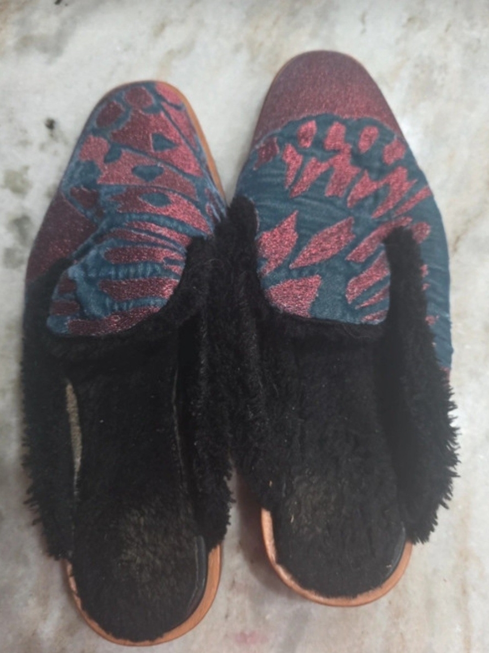 Free People Teal and Burgundy Patterned Fuzzy Mules